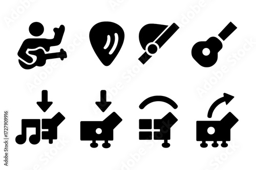 Solo Technique Icons. Solid, filled icon set of solo techniques: improvisation, vibrato, slide, hammer-on, pull-off, staccato, legato, bending. Solid, filled