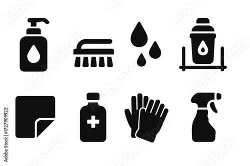 Cleaning Icons Grid. Solid, filled icon set of shaker cleaning and maintenance: soap bottle, brush, water droplets, drying rack, cloth, sanitizer, gloves,