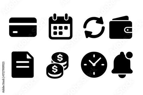Recurring Payment Icons. Solid, filled icon set of recurring payments: credit card, calendar, refresh arrows, wallet, document, dollar coins, clock,