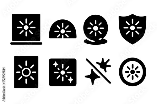 Protective Magic Icons. Solid, filled icon set of protective light magic: barrier of light, radiant dome, shining bubble, divine shield, glyph wall, glowing