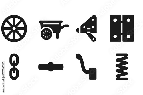 Creaking Vehicle Icons. Solid, filled icon set of creaking vehicles: old wagon wheel, wooden cart, rusty hinge, door hinge, metal chain, wooden axle, brake