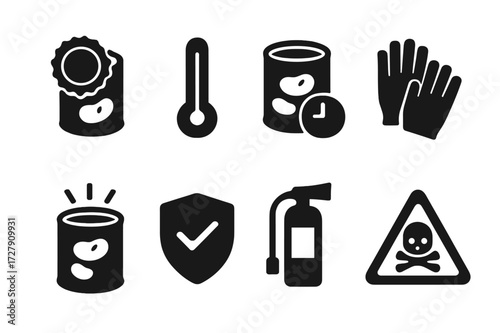 Canned Beans Safety Icons. Solid, filled icon set of canned beans safety: safety seal, thermometer, expiry date, gloves, hygiene symbol, quality check, fire