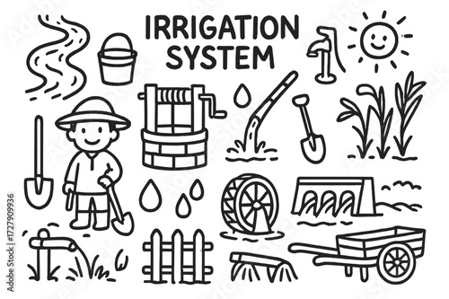Irrigation System Doodle. Hand-drawn doodle illustration Irrigation System [water canal, bucket, pump, well, rope, bamboo pipe, shovel, farmer, droplet, water