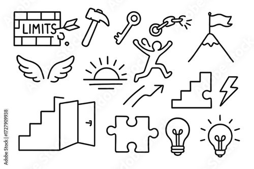 Breaking Barriers Doodle. Hand-drawn doodle illustration breaking barriers and limits wall, hammer, key, chain broken, person jumping, flag, mountain, stairs,