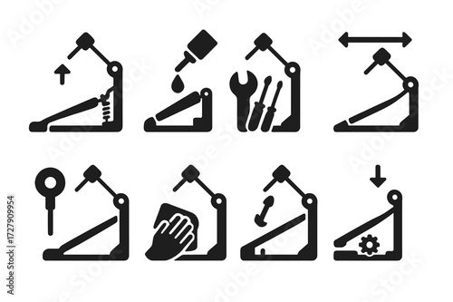 Kick Pedal Icon Set. Solid, filled icon set of kick pedal maintenance: spring adjustment, lubrication, tightening screws, pedal alignment, beater replacement,