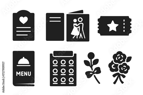 Dance Event Icons. Solid, filled icon set of dance event items: invitation card, RSVP card, program booklet, ticket, menu card, table seating chart,