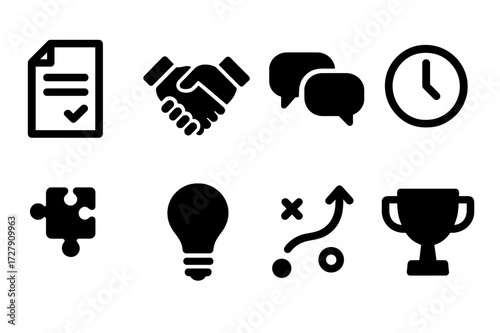 Negotiation Icon Set. Solid, filled icon set of negotiation compromise: contract, handshake, speech bubbles, clock, puzzle piece, lightbulb idea, strategy map,