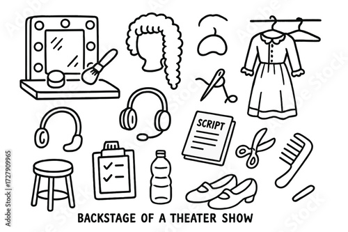 Theater Backstage Essentials. Hand-drawn doodle illustration Backstage of a theater show [mirror with lights, makeup brush, powder puff, wig, costume rack,