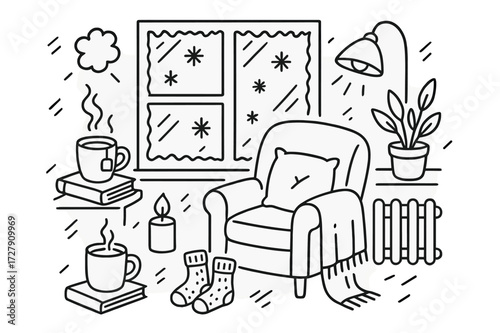 Cozy Winter Nook. Hand-drawn doodle illustration cold window interior cozy chair, knit socks, window frost, radiator, book, hot drink, frosted frame,