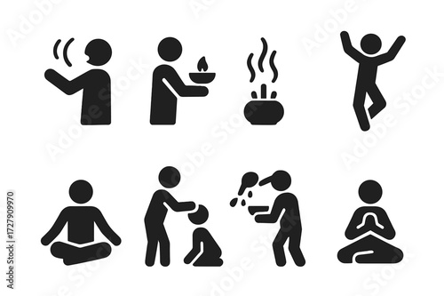 Ritual Actions Icons. Solid, filled icon set of ritual actions: chanting, offering, burning incense, dancing, meditation, blessing, purification, prayer.