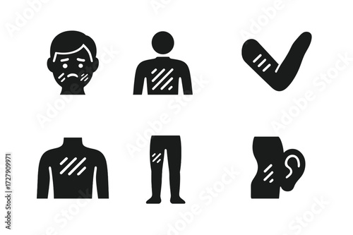 Sunburn Icon Set. Solid, filled icon set of sunburn affected areas: face, shoulders, back, arms, chest, neck, legs, ears. Solid, filled icons in only black