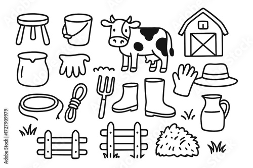 Dairy Farm Doodle. Hand-drawn doodle illustration Dairy farming tools Milking stool, bucket, cow, udder, milk pail, barn, hay, gloves, farmer hat, boots, rope,