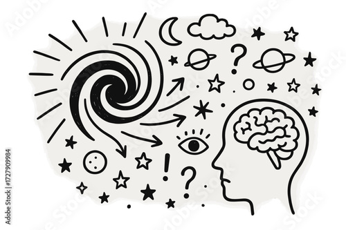 Mind's Cosmic Swirl. Hand-drawn doodle illustration black hole swallowing a person?s thoughts black hole, spiral, human head silhouette, floating thoughts,
