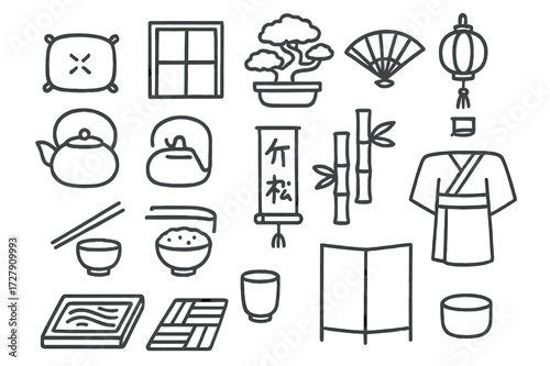 Japanese Minimalist Doodles. Hand-drawn doodle illustration [Japanese minimalism] [floor cushion, tea pot, sliding door, bonsai, fan, lantern, bamboo, scroll,