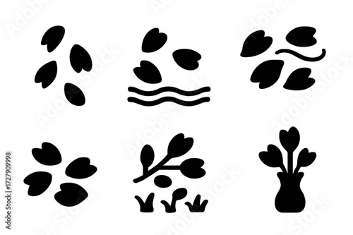 Petal Icons Collection. Solid, filled icon set of petals in nature: falling petals, petals on water, petals in wind, petals on ground, petals on branch, petals