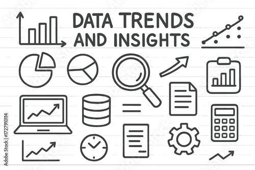 Data Insights Doodles. Hand-drawn doodle illustration Data trends and insights, bar chart, pie chart, line graph, scatter plot, magnifying glass, laptop,
