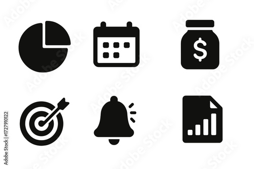Finance App Icons. Solid, filled icon set of finance app budgeting tools: pie chart, calendar, expense tracker, savings jar, goals, alerts, categories, report.