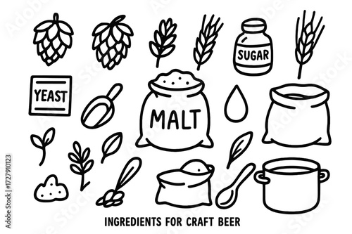 Craft Beer Ingredients. Hand-drawn doodle illustration Ingredients for craft beer hops, barley, wheat, yeast packet, sugar, water droplet, malt bag, scoop,