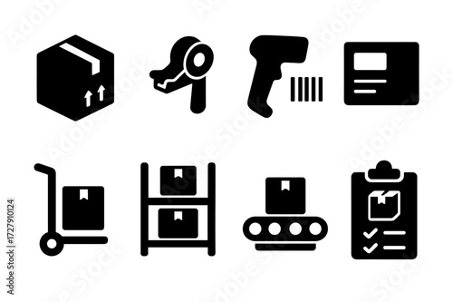 Parcel Handling Icons. Solid, filled icon set of parcel handling: package box, tape dispenser, barcode scanner, shipping label, hand truck, storage shelf,