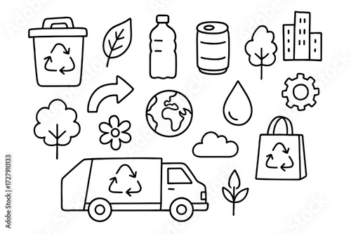 Recycling Symbols Doodle. Hand-drawn doodle illustration Recycling and waste management recycling bin, leaf, bottle, can, paper, tree, flower, truck, bag,