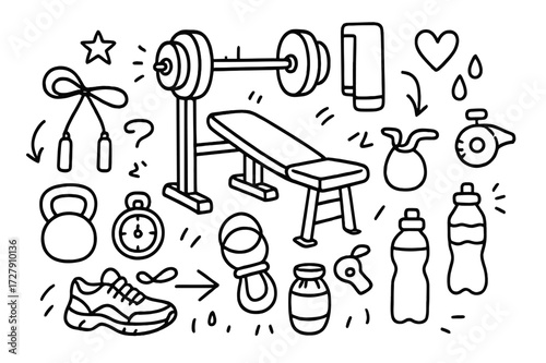 Home Gym Essentials. Hand-drawn doodle illustration Home gym bench press barbell, dumbbell, kettlebell, gym bench, resistance band, sneakers, stopwatch, towel,