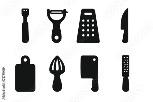 Orange Peel Tools Icon Set. Solid, filled icon set of orange peel preparation tools: zester, peeler, grater, knife, cutting board, citrus reamer, chopping