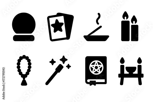 Spiritual Tools Icons. Solid, filled icon set of spiritual tools: crystal ball, tarot cards, incense, candles, prayer beads, magic wand, spell book, altar.