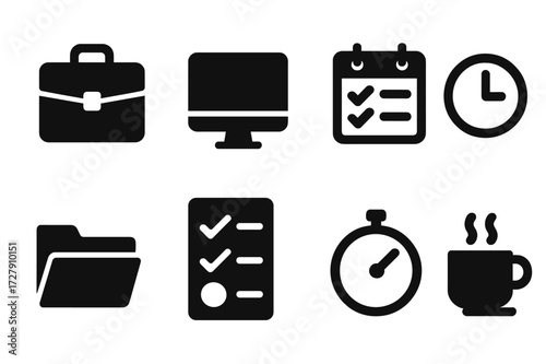 Work Schedule Icons. Solid, filled icon set of work schedule: briefcase, desktop computer, calendar with tasks, clock, file folder, checklist, coffee cup,