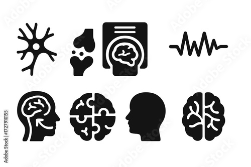 Neuroscience Icon Set. Solid, filled icon set of neuroscience and memory: neuron, synapse, brain scan, EEG line, memory pathway, brain puzzle, head profile,