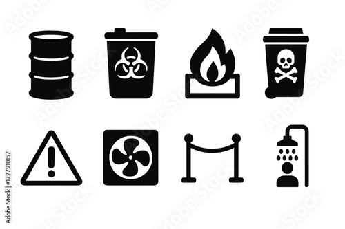 Hazardous Material Icons. Solid, filled icon set of hazardous material storage: chemical barrel, biohazard container, flammable liquid, toxic waste bin, safety