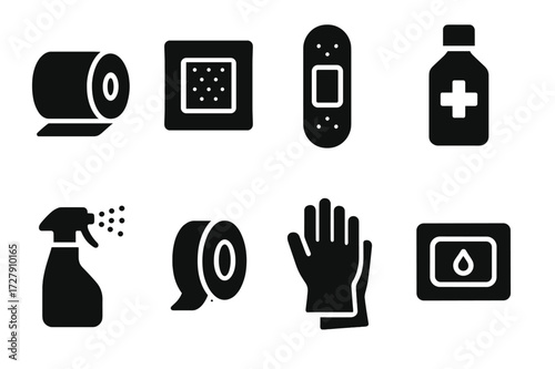 Medicated Wound Care Icons. Solid, filled icon set of medicated wound care: bandage roll, gauze pad, adhesive bandage, antiseptic solution, wound spray,