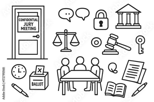 Jury Meeting Icons. Hand-drawn doodle illustration Confidential jury meeting closed door, key, courthouse, gavel, scales of justice, ballot, lock, table,