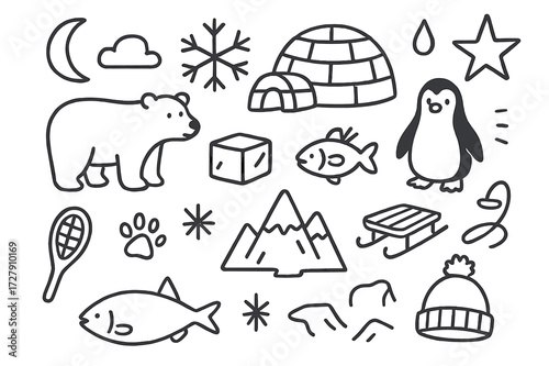 Arctic Wilderness Doodles. Hand-drawn doodle illustration Arctic wilderness igloo, snowflake, polar bear, penguin, fish, ice block, mountain, snowshoe, star,