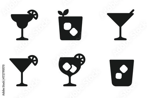 Cocktail Icon Set. Solid, filled icon set of jigger cocktail recipes: margarita, mojito, old fashioned, martini, cosmopolitan, daiquiri, gin and tonic, whiskey
