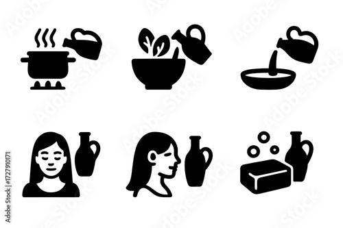 Olive Oil Uses Icons. Solid, filled icon set of olive oil uses: cooking, salad dressing, dipping, frying, skincare, hair treatment, massage oil, soap making.
