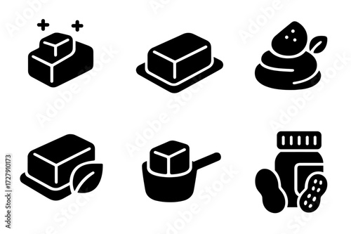 Butter Icons Set. Solid, filled icon set of butter types: salted butter, unsalted butter, whipped butter, cultured butter, clarified butter, vegan butter, shea