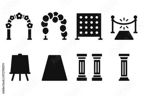 Red Carpet Icon Set. Solid, filled icon set of red carpet decorations: floral arch, balloon garland, step and repeat banner, gold stanchions, LED lights, event