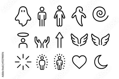 Afterlife Icon Set. Afterlife transition. Line icon set of afterlife transition: ghostly silhouette, human figure, floating spirit, ethereal swirl, halo, open