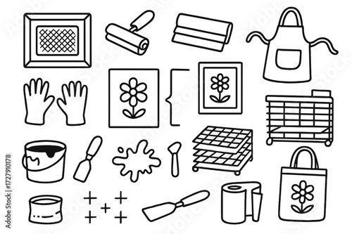 Screen Printing Essentials. Hand-drawn doodle illustration [Screen printing] [screen frame, ink roller, squeegee, stencil, printed fabric, drying rack, gloves,