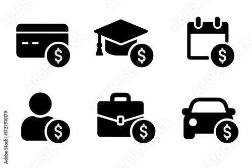 Debt Icons Grid. Solid, filled icon set of debt types: credit card debt, student loan, mortgage, payday loan, personal loan, business loan, medical debt, auto