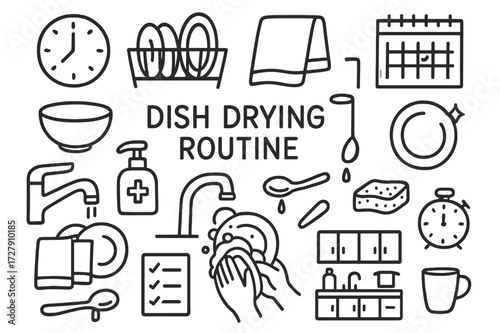 Dishwashing Doodle Essentials. Hand-drawn doodle illustration [dish drying routine] [clock, dish rack, towel, bowl, soap bottle, hands washing dishes, faucet,