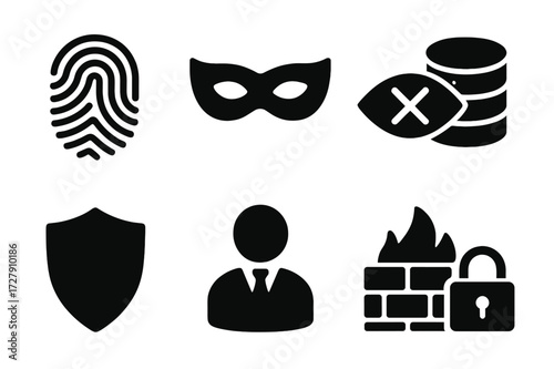 Privacy Protection Icons. Solid, filled icon set of privacy protection: fingerprint, privacy mask, eye with cross, hidden data, shield, private user, firewall,