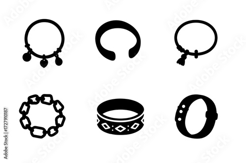 Bracelet Icon Collection. Solid, filled icon set of bracelet styles: vintage, modern, boho, minimalist, statement, ethnic, elegant, sporty. Solid, filled icons