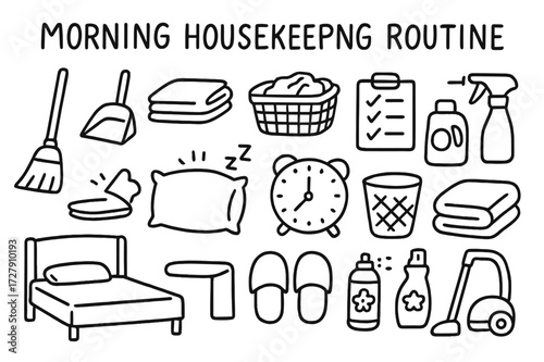 Morning Cleaning Icons. Hand-drawn doodle illustration [Morning housekeeping routine] [broom, dustpan, folded towel, laundry basket, pillow, clock, checklist,