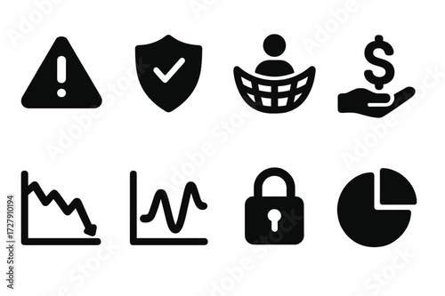 Risk Management Icons. Solid, filled icon set of risk management: warning triangle, insurance shield, safety net icon, emergency fund, risk chart, volatility