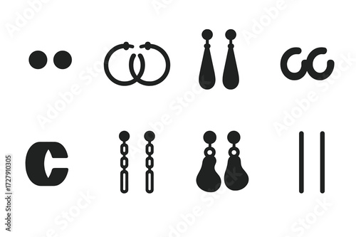 Black Earring Icons. Solid, filled icon set of earring sizes and shapes: small studs, large hoops, long drops, tiny huggies, wide cuffs, delicate chains, bold