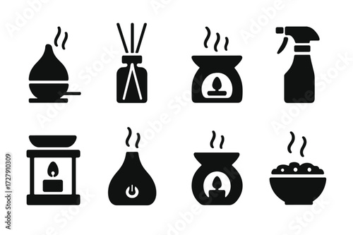 Aroma Diffuser Icons. Solid, filled icon set of aroma diffusers and devices: electric diffuser, reed diffuser, aroma lamp, spray bottle, candle warmer,