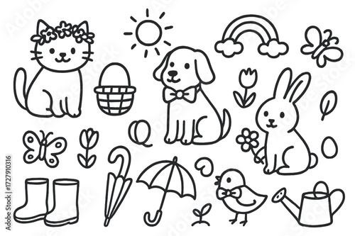 Spring Pets Ensemble. Hand-drawn doodle illustration Spring pets in floral attire cat with flower crown, dog with bow, bunny with daisy, bird with ribbon,