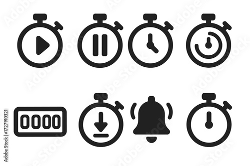 Stopwatch Icon Set. Solid, filled icon set of stopwatch features: start button, pause button, reset button, lap timer, digital display, countdown timer, alarm,