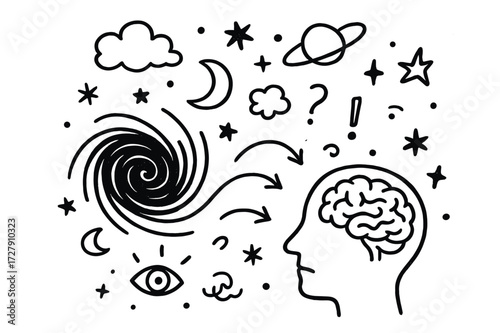 Mind's Cosmic Swirl. Hand-drawn doodle illustration black hole swallowing a person?s thoughts black hole, spiral, human head silhouette, floating thoughts,